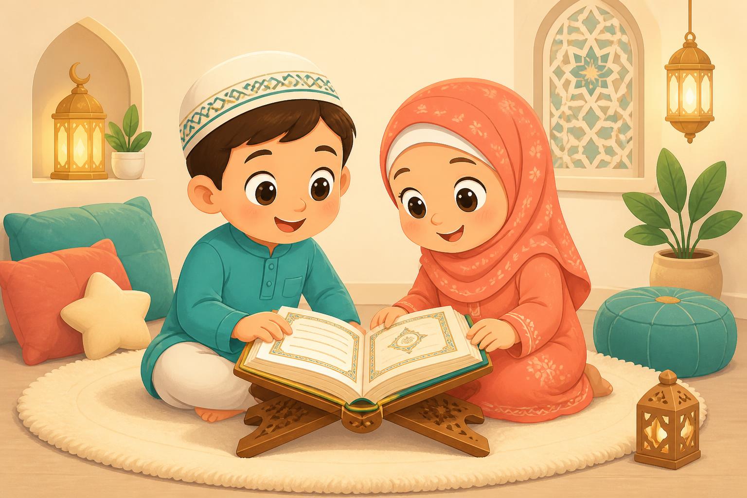 Two cartoon children reading the Qur’an together